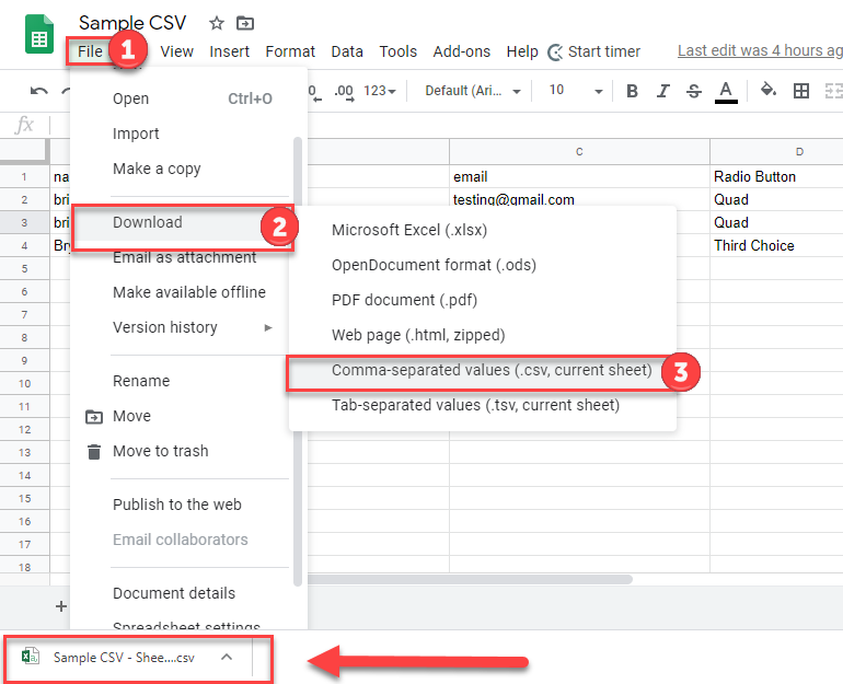 export the CSV file