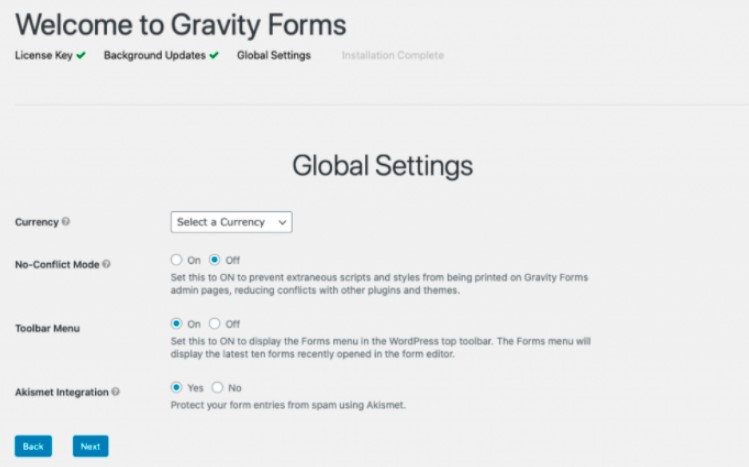Gravity Forms Global settings