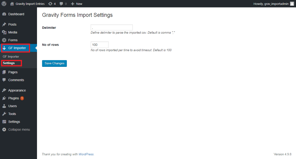 Gravity Forms Import Entries – Settings