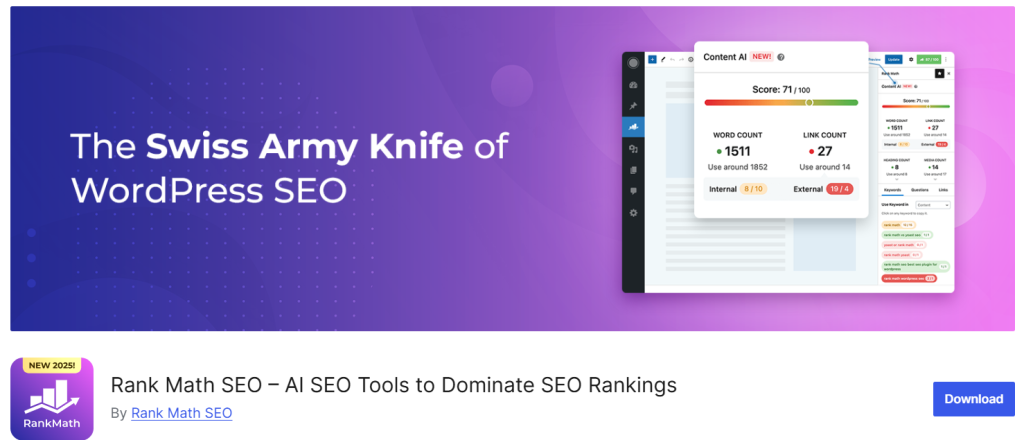 Rank Math SEO - popular AI WordPress plugins for SEO
